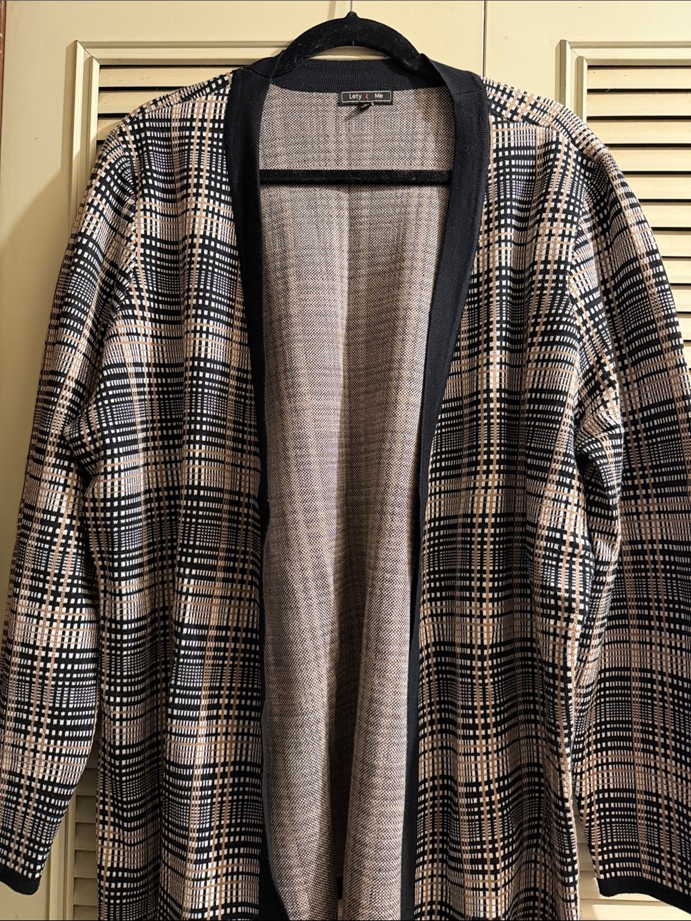 Open-Front Plaid Blazer Jacket in Beige and Black